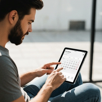 Person using a digital calendar app on a tablet, planning car show attendance, clean modern design, no text, no words, no typography, 8K