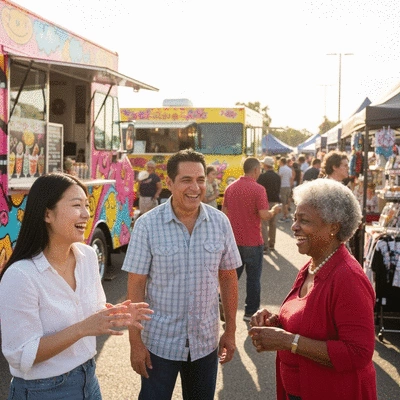 A diverse group of people enjoying a car show, with food trucks and vendor booths in the background, bright sunny day, no text, no words, no typography, clean image