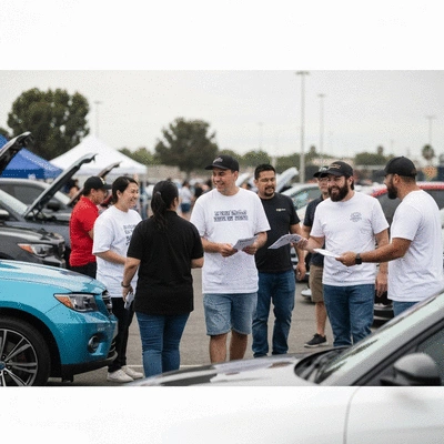 Community members volunteering at a car show, helping with organization and interacting positively, showing teamwork and community spirit, no text, no words, no typography, clean image