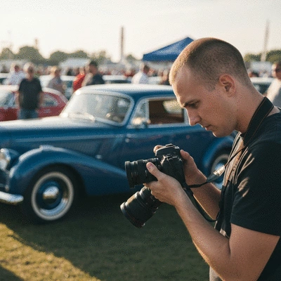 Photographer reviewing images on a camera screen, with a classic car in the background