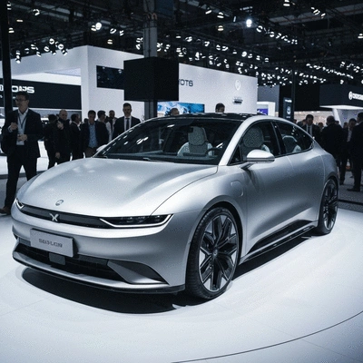 A sleek, modern electric car on display at an auto show, with soft ambient lighting and blurred background visitors