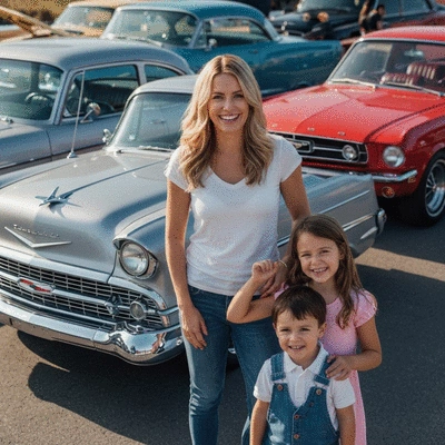 Family enjoying a car show with classic cars in the background