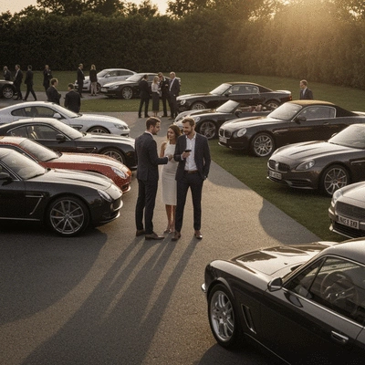 Luxury car enthusiasts gathered at an exclusive car club event, admiring classic and modern vehicles.