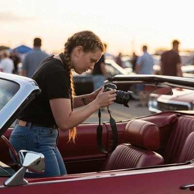 Photographer adjusting camera settings on a classic car, Denver car show, golden hour