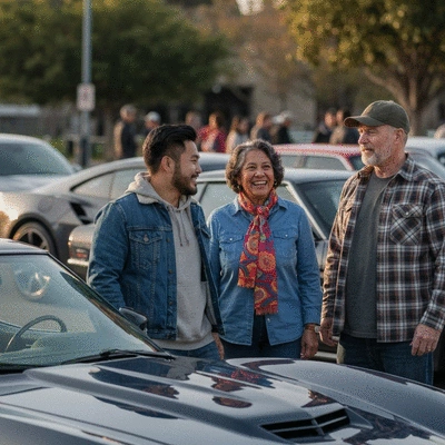 Diverse group of car enthusiasts interacting at an outdoor car show, classic and modern cars in background, no text, no words, no typography, 8K
