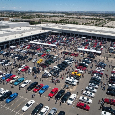 Aerial view of the Denver Convention Center during a bustling car show, showcasing numerous classic and modern cars, vibrant atmosphere, no text, no words, no typography, clean image, 8K