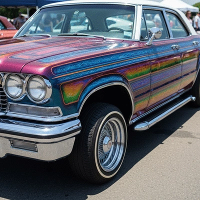 Close-up of a customized lowrider car with intricate paintwork and chrome details at a car show, vibrant colors, no text, no words, no typography, clean image
