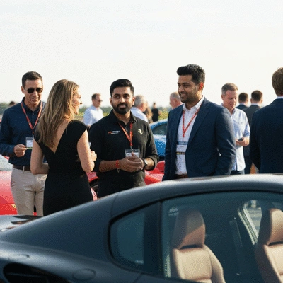 Diverse group of Ferrari Club of America members networking and discussing cars at an outdoor event