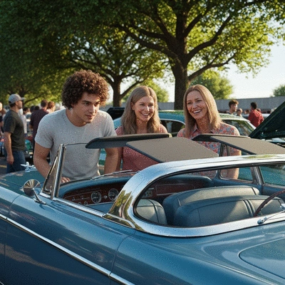 Car enthusiasts observing a classic car at a show