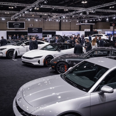 Diverse collection of cars at an auto show, including electric vehicles, luxury cars, and classic muscle cars, with people admiring them