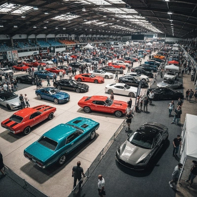 Aerial view of a large, well-lit car show venue with various classic and modern cars on display, surrounded by enthusiastic crowds, no text, no words, no typography, clean image