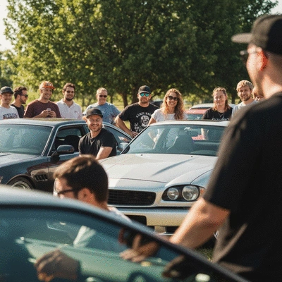 Group of diverse car enthusiasts at a car meet, smiling and interacting