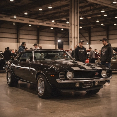 Classic American muscle car at a Denver car show, surrounded by enthusiasts