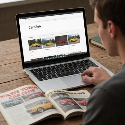 Person researching car club options on a laptop, with a vintage car magazine in the foreground