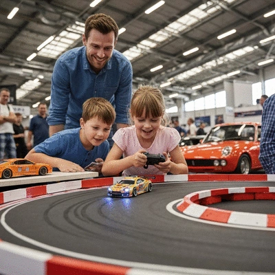 Happy family interacting with an RC car at a car show