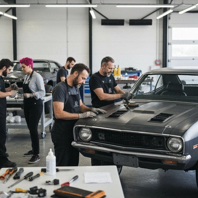 Members participating in an automotive workshop, learning about car restoration techniques.