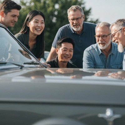 Classic car enthusiast sharing tips with fellow club members at a meet-up