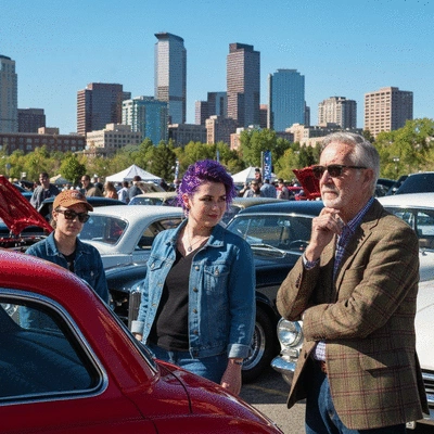 Diverse group of car enthusiasts gathered at a car show, actively engaging and interacting with each other and classic cars, with a subtle background of Denver's skyline, no text, no words, no typography, clean image