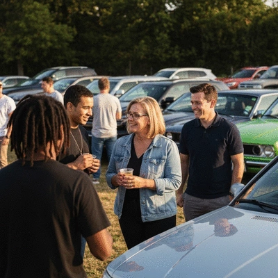 Diverse group of car club members interacting at a casual outdoor meetup, with various car models in the background