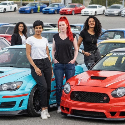 Group of diverse women car enthusiasts standing proudly with their customized cars at a car show, vibrant atmosphere, no text, no words, no typography, clean image