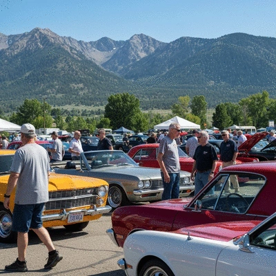 Vintage car enthusiasts gathered at a car show in Denver, showcasing classic cars with a mountainous backdrop