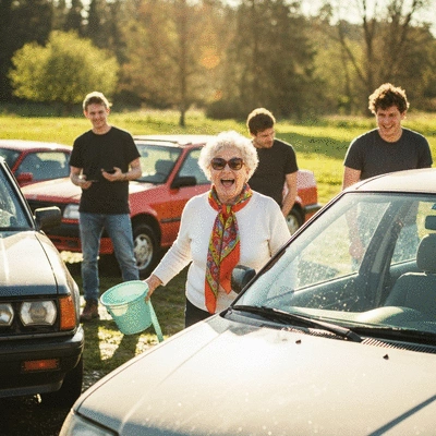 Diverse group of people enjoying a car club event in Denver, showcasing various car types and friendly interactions