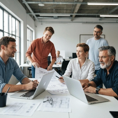 Diverse group of car show organizers collaborating on event plans, in a modern office with blueprints and laptops, no text, no words, no typography, clean image, 8K