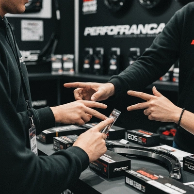 Close-up of car enthusiasts discussing car parts at a vendor booth, hands pointing at a product, no text, no words, no typography, 8K